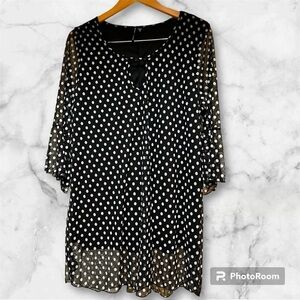 Obsession Women Plus Size 2X Black & White Polka Dot Tunic Top Blouse Shirt